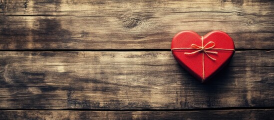 Fototapeta premium Heart-shaped greeting card beside a red gift box on rustic wooden surface for romantic occasions and celebrations.