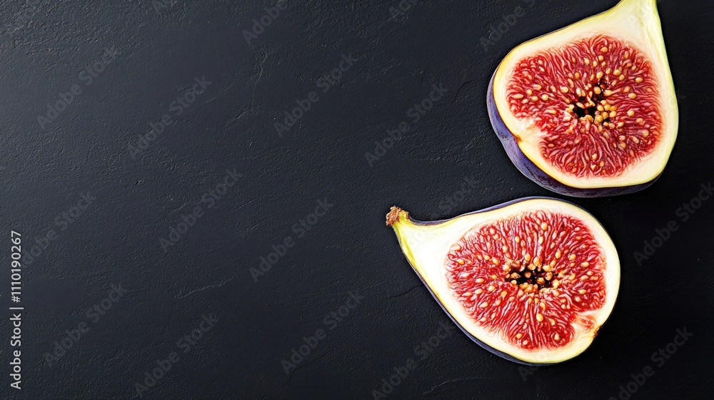 Poster sliced fig on a dark background with ample negative space for text placement in a food-related compo