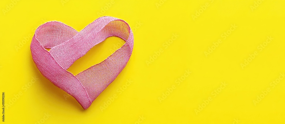 Aufkleber pink ribbon heart shape on vibrant yellow background with ample space for text or messaging in creat