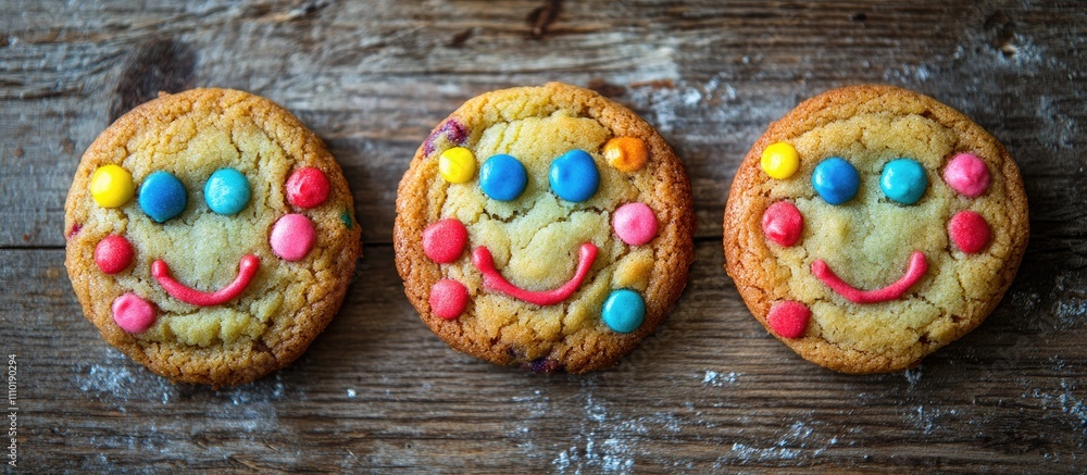 Poster smiling face cookies arranged on a rustic wooden table creating a cheerful and inviting dessert disp