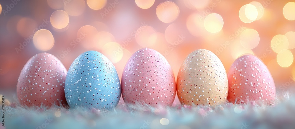 Poster pastel easter eggs arranged in a row with a dreamy bokeh background for a festive and whimsical spri