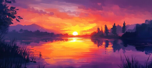 Fiery Sunset Over Serene Lake and Mountains