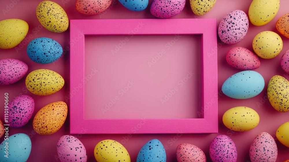 Poster vibrant easter card design featuring a pink frame surrounded by colorful speckled eggs on a soft pin