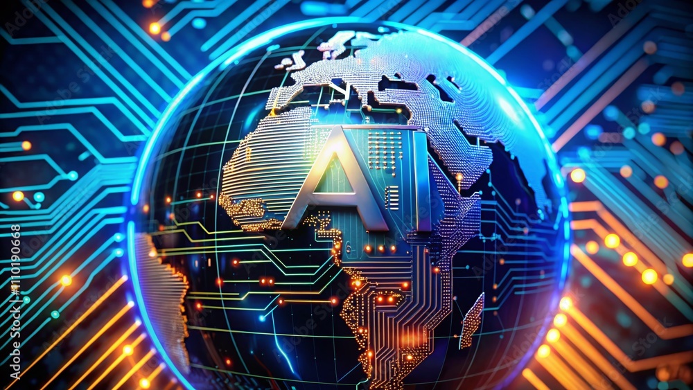 Poster ai spelled in circuit board font against networked globe showcasing the global impact of artificial 