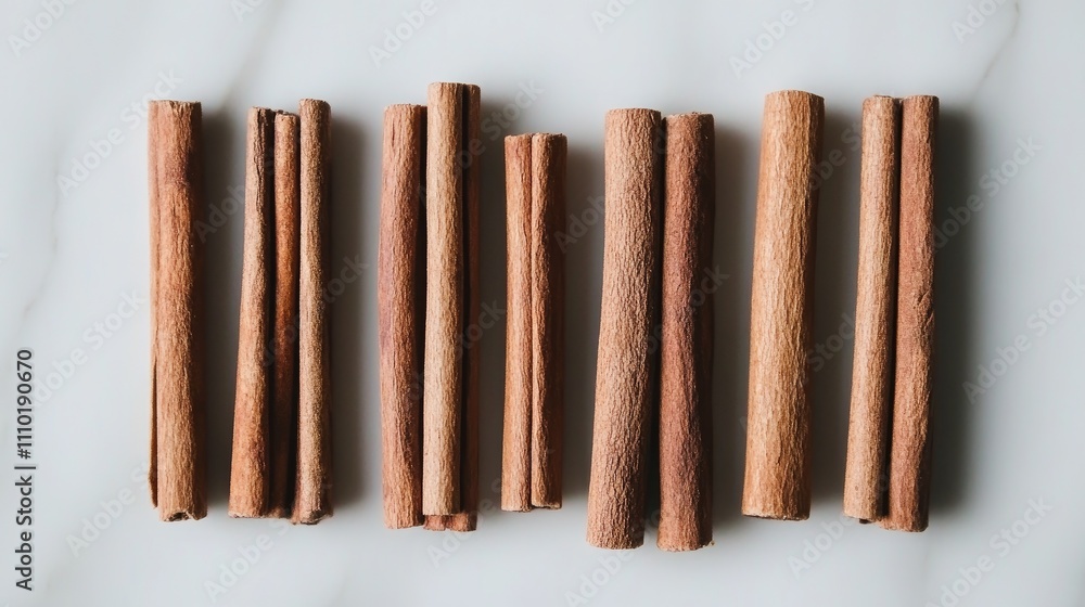 Poster close up of assorted cinnamon sticks arranged on a white background showcasing their texture and nat