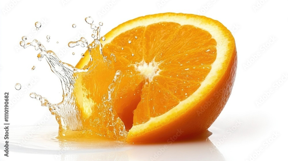 Poster dynamic orange slice with juice splashing on white background showcasing freshness and vitality in f