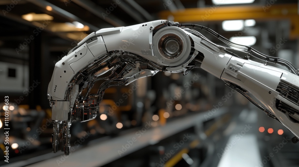 Poster advanced robotic arm in automated manufacturing facility showcasing precision engineering and modern