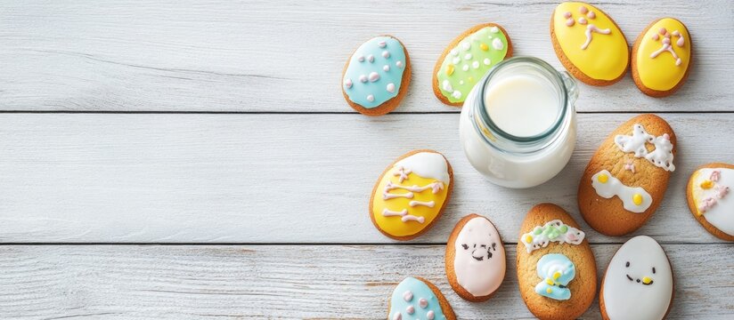 Colorful decorated Easter cookies with a bottle of milk on a rustic white wooden surface for festive celebrations and springtime gatherings