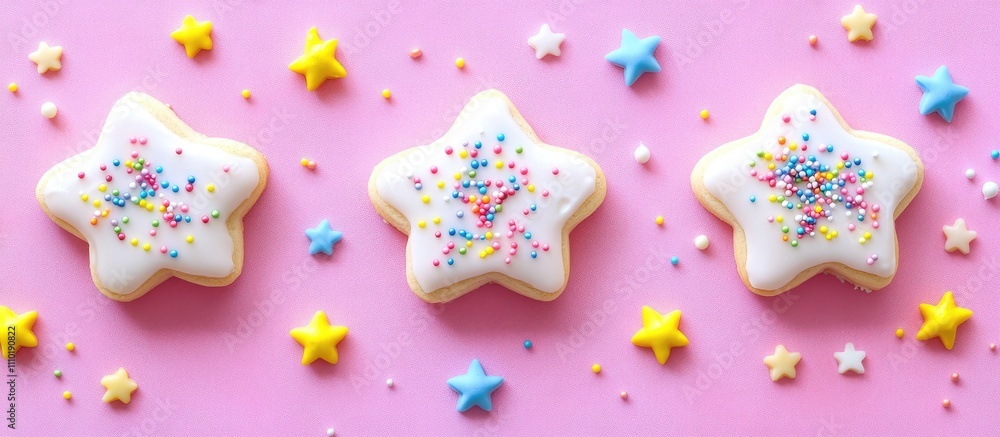 Aufkleber decorative star-shaped sugar cookies with colorful icing and sprinkles on a pink background creating