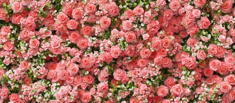 Poster overhead view of a vibrant cluster of pink roses and greenery on a soft pink backdrop perfect for ev