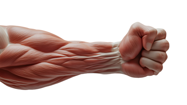 Anatomical depiction of a muscular forearm and fist.