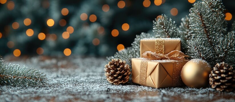 Elegant Christmas gift arrangement featuring golden boxes, festive decorations, snowy fir branches and warm bokeh lights on a wooden surface. - Powered by Adobe