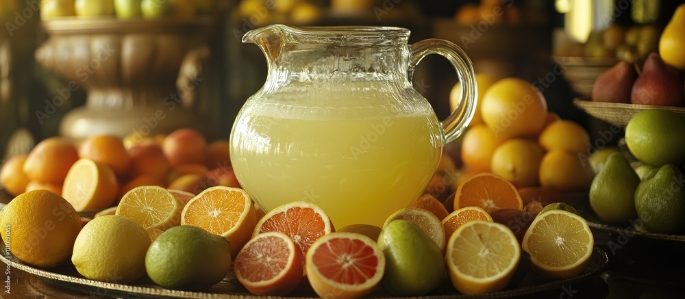 Poster citrus fruit display with lemonade pitcher on buffet table fresh colorful fruits and refreshing drin