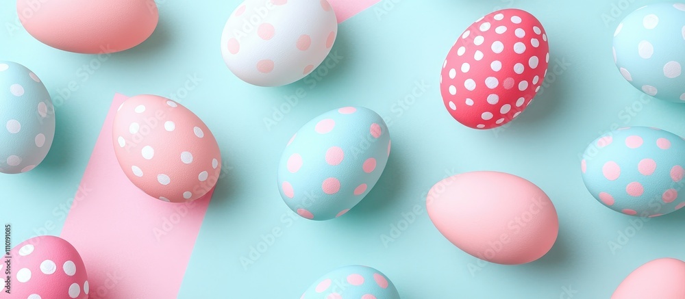 Poster hand painted pastel polka dot easter eggs arranged on colorful background with empty space for festi