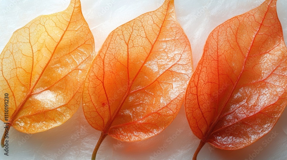 Poster translucent orange physalis leaves arranged in a row showcasing their unique texture and color again
