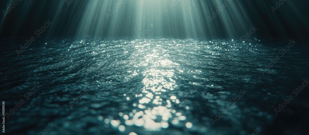 Poster illuminated deep blue pool water with shimmering surface reflections and soft sunlight beams creatin