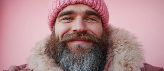 Charismatic overweight man with beard smiles playfully in pink backdrop capturing joyful selfie with humorous expression