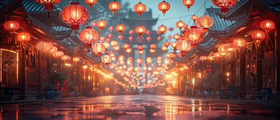 Obraz premium Traditional lanterns illuminate a serene street in an ancient town during a festive evening celebration in East Asia