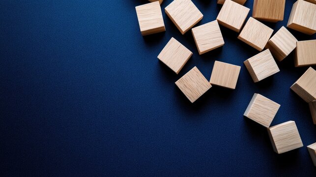 Feedback concept with wooden cubes scattered on a dark blue background ideal for illustrating communication and evaluation themes