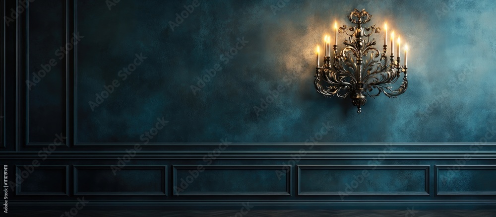 Poster elegant illuminated menorah with eight candles set against a dark textured wall creating a serene at