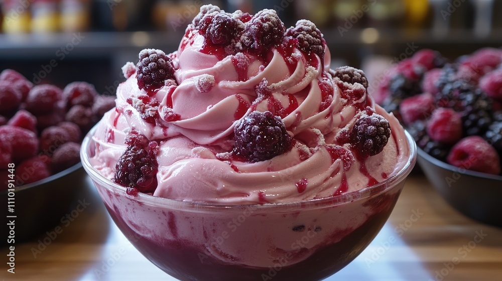 Poster indulgent berry-flavored ice cream topped with fresh blackberries and raspberry drizzle in a clear d
