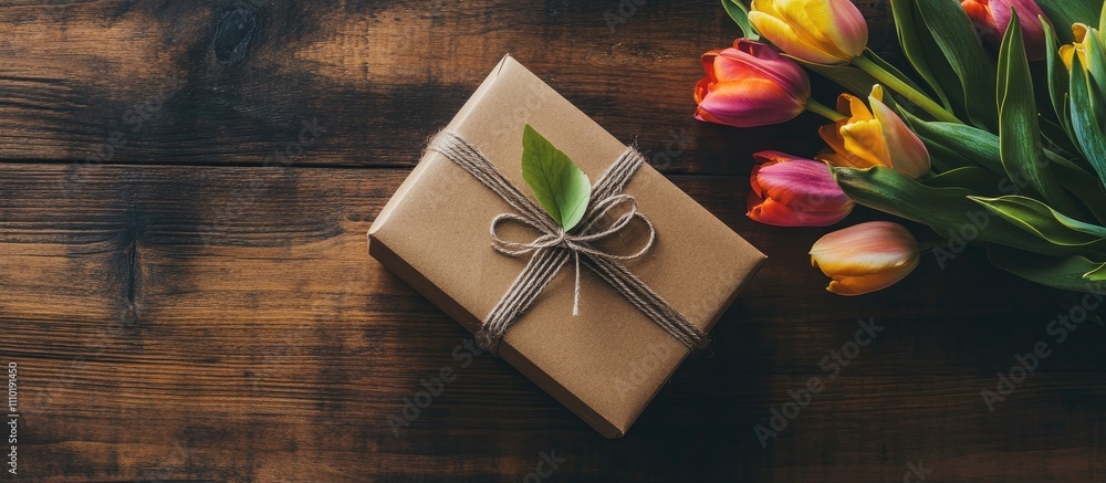 Poster easter eggs in a gift box with colorful tulips on a rustic wooden table from above in a festive spri