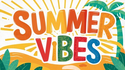 Summer Vibes, Colorful Hand-Lettered Typography Design for Beach, Vacation, and Summertime Promotion