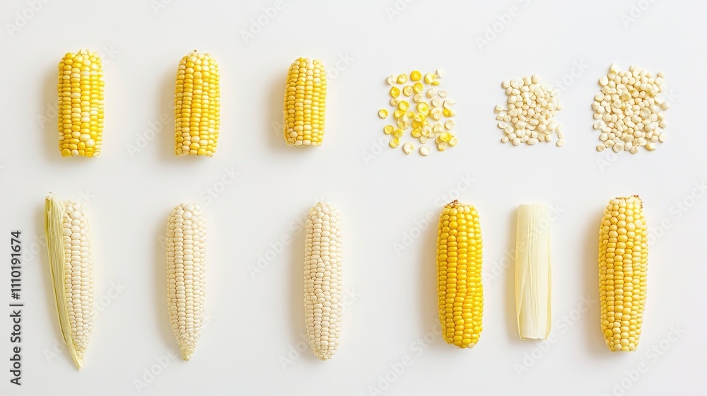 Aufkleber fresh corn varieties and kernels arranged on a white background showcasing texture and color differe