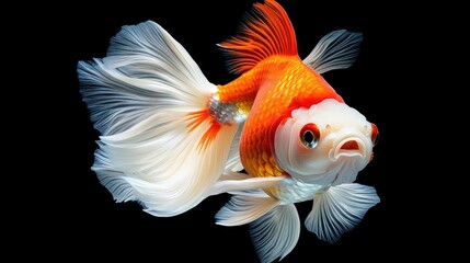 Vibrant goldfish gracefully swimming in an aquarium showcasing the beauty of Carassius auratus against a black background.