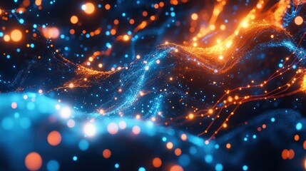 Obraz premium Abstract digital visualization of financial data with blue and orange lights. The image features dynamic graphs, dotted lines, and glowing effects representing market trends and analysis