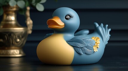 Charming ceramic duck figurine with vintage vase on elegant black surface