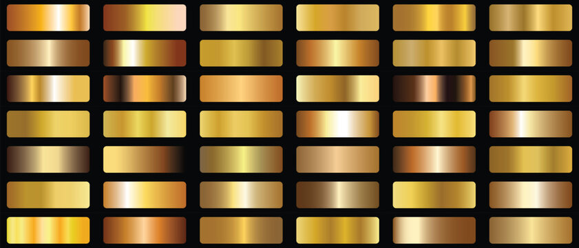 Gold foil texture background set. Vector golden, copper, brass and metal gradient template.Collection of luxury gold gradient background. Vector template design for border, frame ribbon.