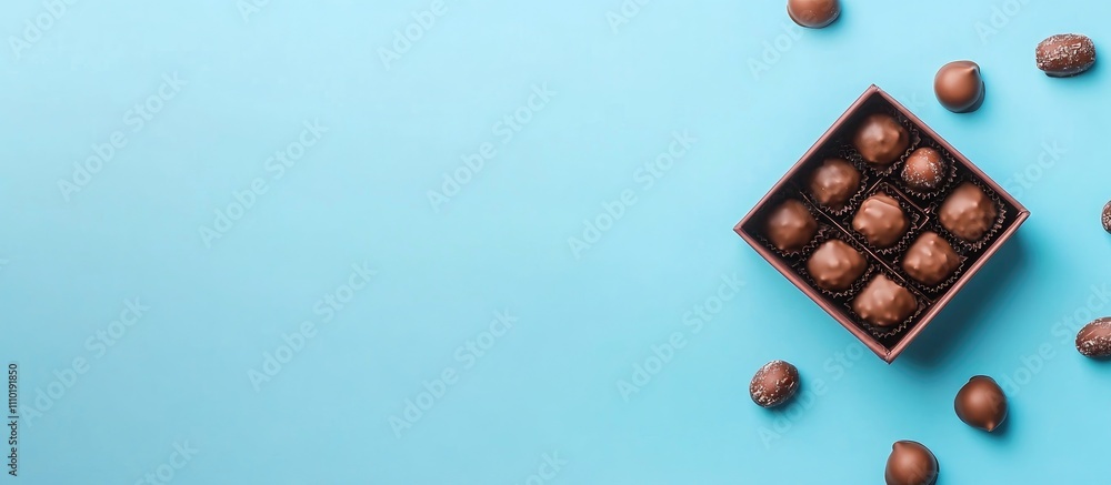 Canvas Prints Gourmet chocolates in elegant square packaging on a vibrant blue background perfect for desserts gifts or sweet indulgence promotions