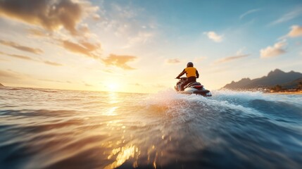 A man is riding a jet ski on a beautiful, sunny day