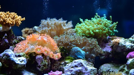 Colorful coral reef ecosystem featuring diverse marine life in an aquarium setting
