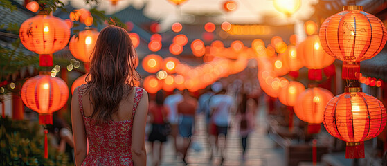 Naklejka premium Exploring a vibrant lantern festival in a lively street adorned with glowing decorations at sunset