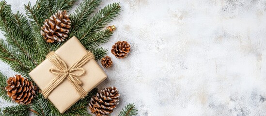 Stylish Gift Box Decorated with Pinecones and Greenery on a White Table in Festive Flat Lay Arrangement