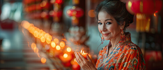 Elegant woman holds a candle in a vibrant setting adorned with lanterns during a cultural celebration