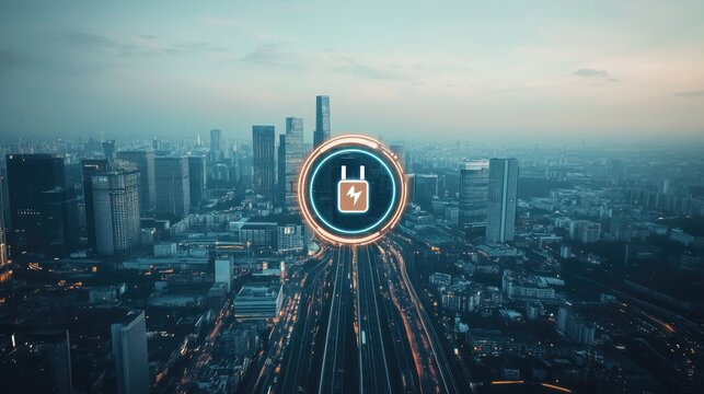 Urban landscape with charging battery icon and speedometer overlay illustrating energy efficiency and digital technology in smart cities