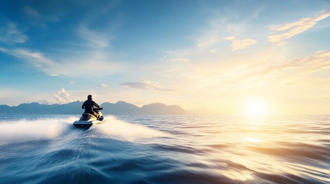 A person is riding a jet ski on a calm ocean