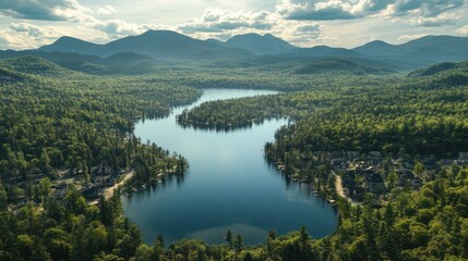 Obraz premium Aerial view of Mirror Lake, Lake Placid and the strip of land in between