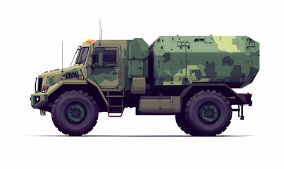 Fototapeta premium Military vehicle with camouflage design, used for transport and logistics.