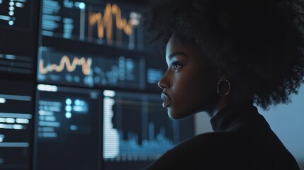 African American woman using virtual dashboard to predict emerging market trends