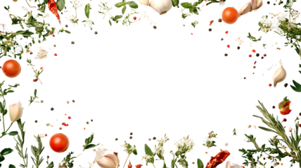 A decorative border of fresh vegetables and herbs.