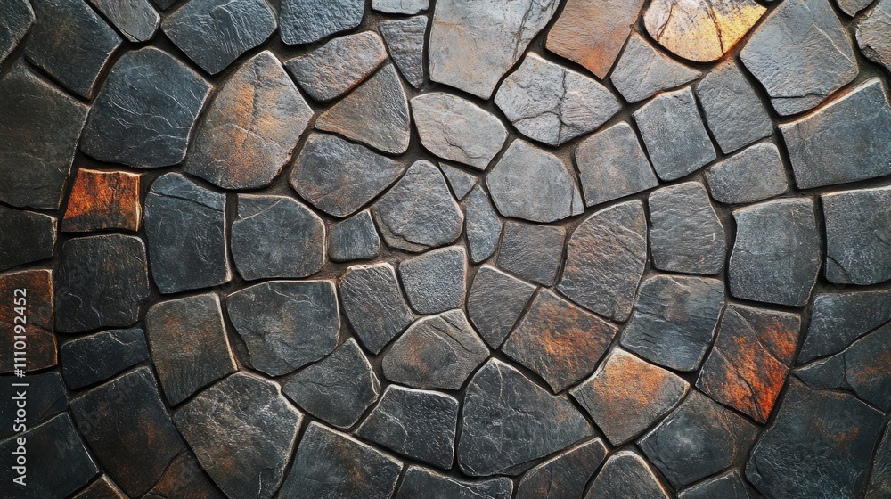 Poster decorative gray stamped concrete pavement in a circular cobblestone pattern showcasing intricate tex