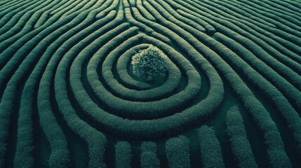 Naklejka premium Serene Aerial View of a Lush Green Tea Plantation with Distinctive Curved Patterns and a Lone Tree in the Center