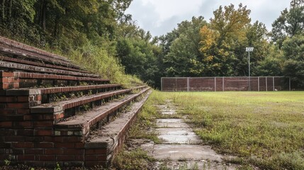Old-school soccer stadium with steel bleachers, brick walls, and overgrown grass 