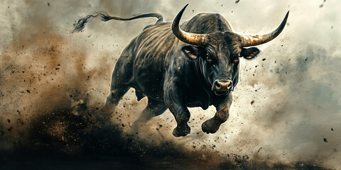 Bull angry wild, powerful strong aggressive running power, intimidating beast attack ferocious animal