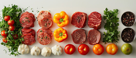 Fresh ingredients prepared for a hearty meal featuring meats and vegetables on a clean surface