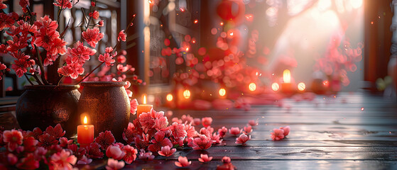 Beautiful floral arrangement with candles on a serene wooden pathway at sunset